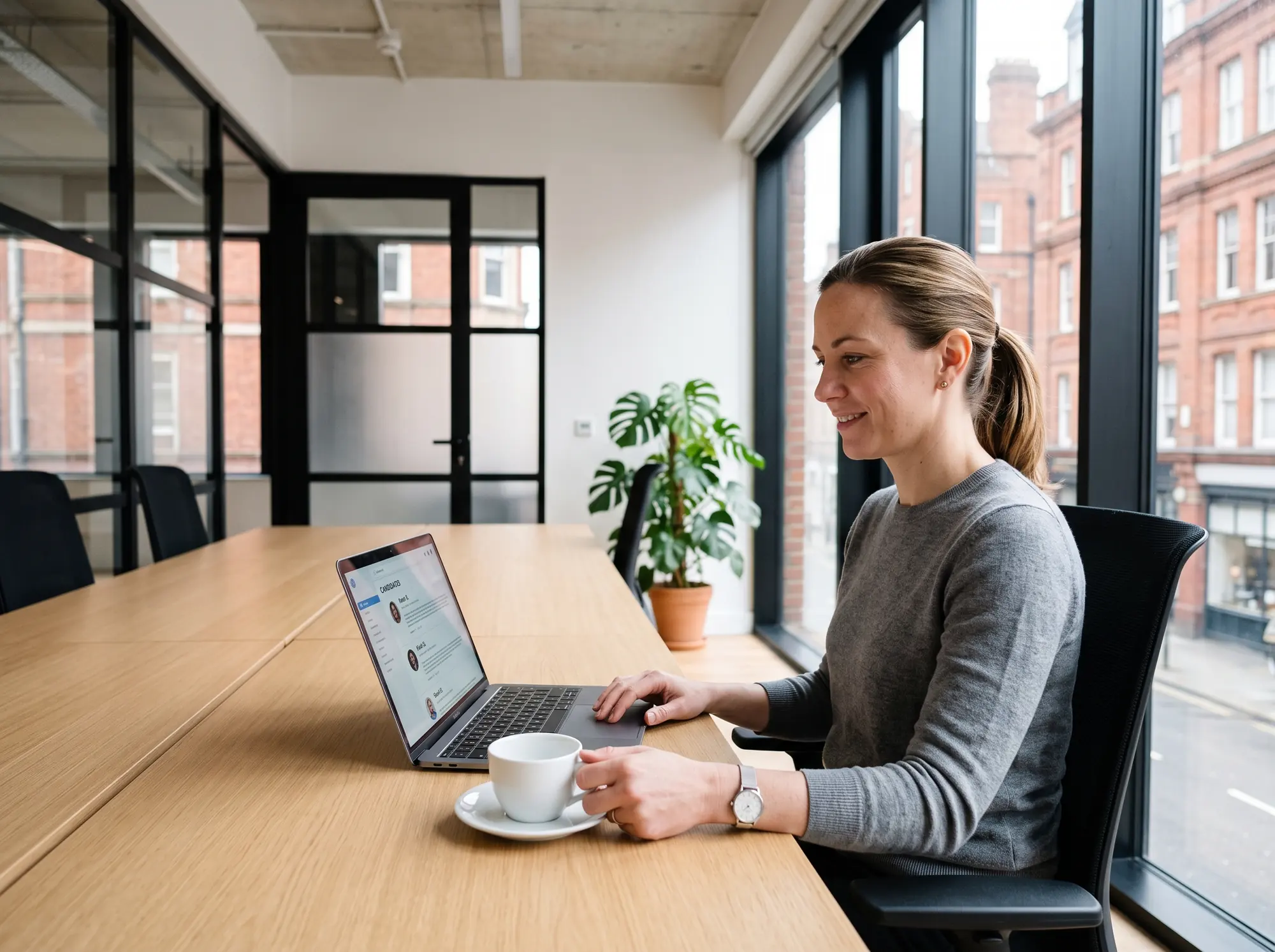 A woman at a long boardroom table reviewing a candidate profile on her laptop, a cup of coffee beside her and daylight from the windows behind.
