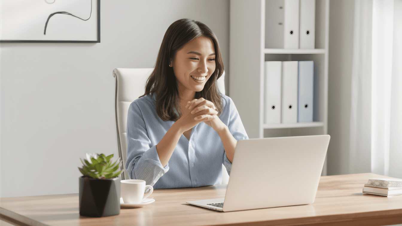 A dedicated operator working at her desk in a bright office, smiling at her laptop.