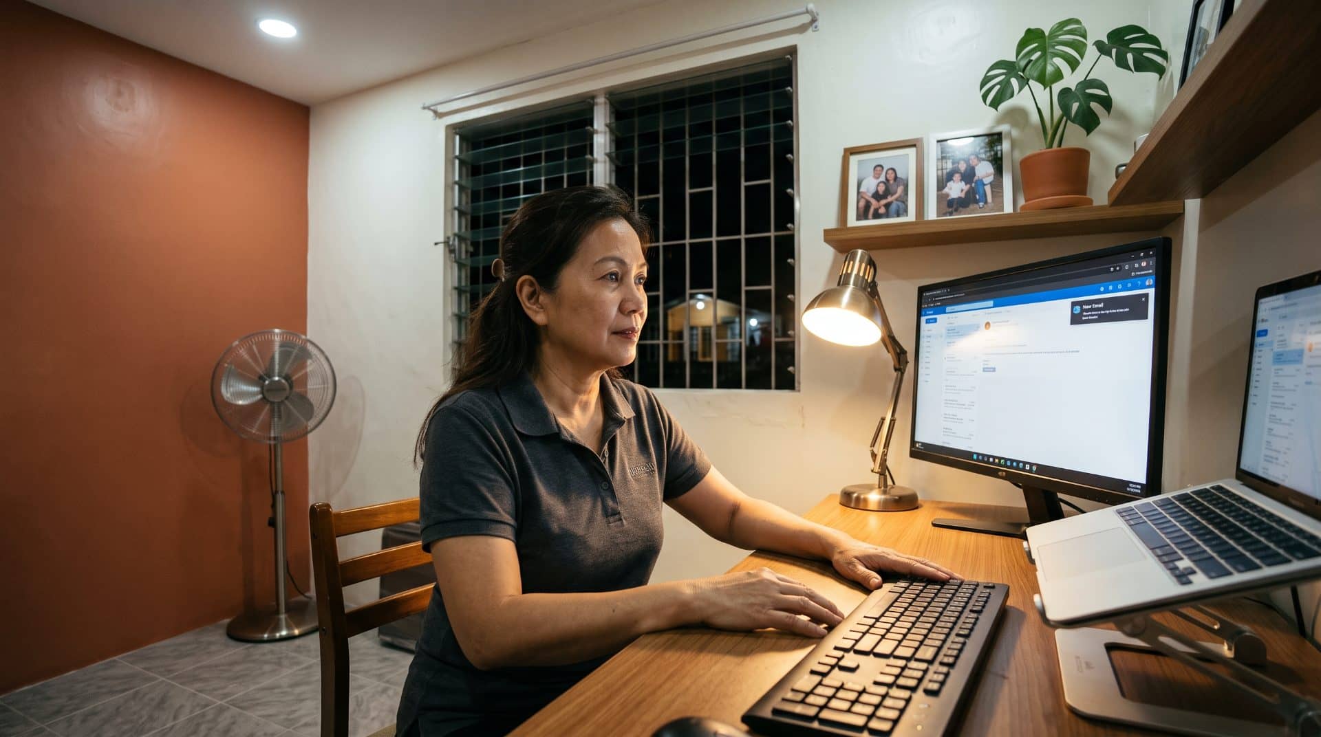 A Filipina woman upright at a desk in a modest bedroom corner converted to home office in Manila.