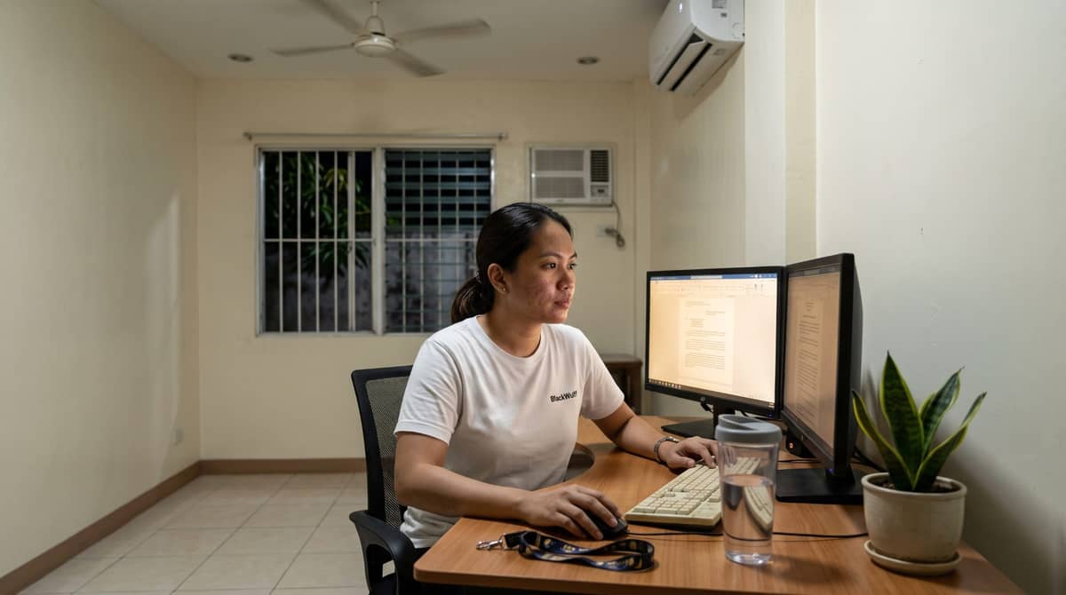 A Filipino legal professional sits at a dedicated desk in her Manila home at night.