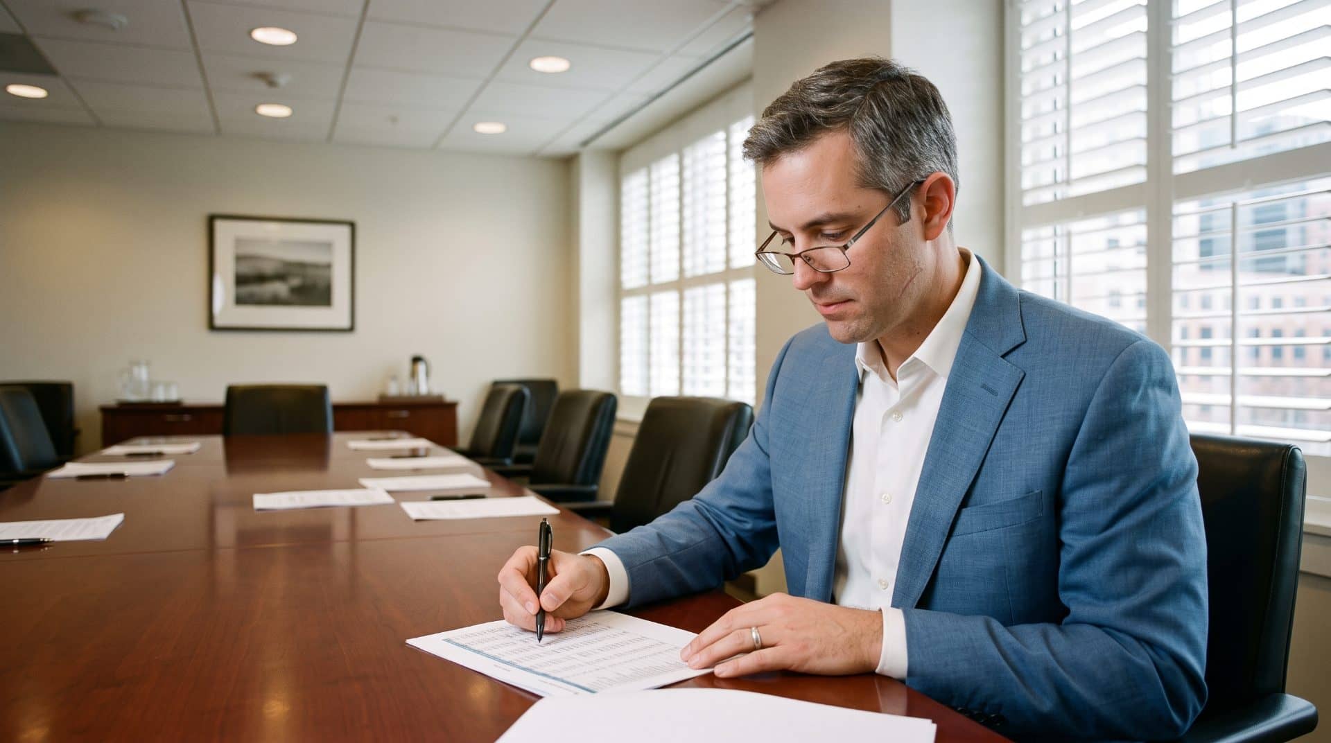 An American man leaning slightly forward over the spreadsheet in a rectangular conference room in a US law firm office tower.