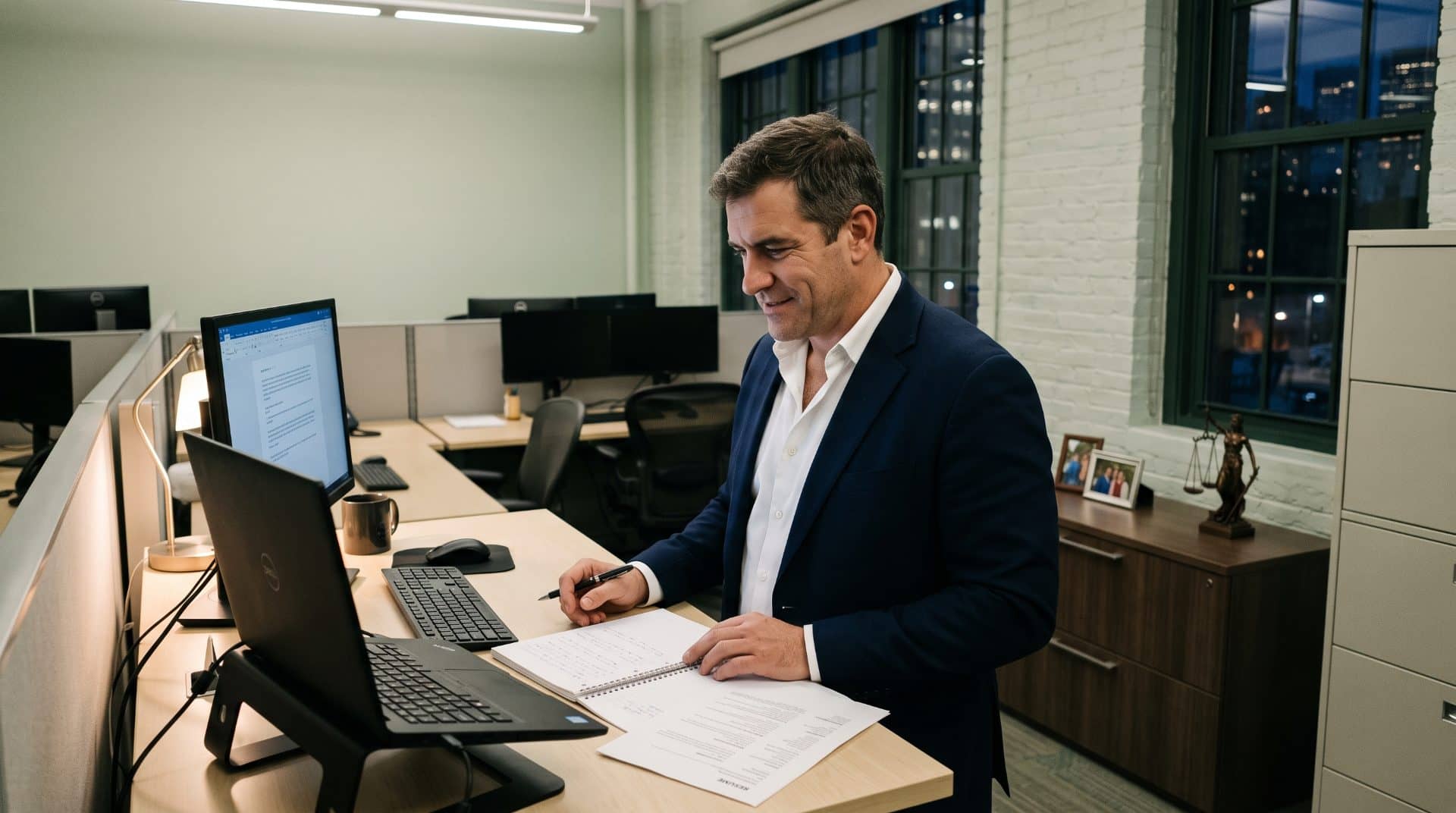 An American man leaning slightly forward in an open-plan bullpen in a mid-sized Manhattan law firm.