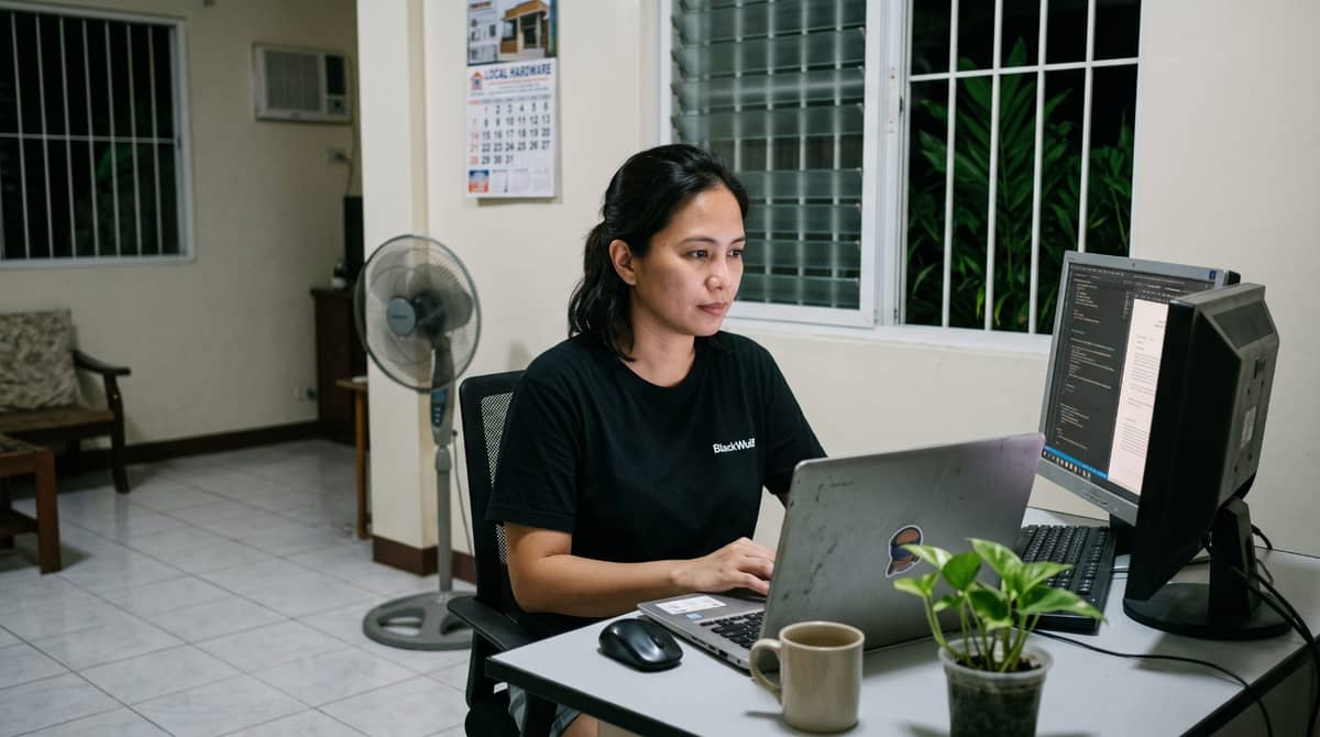 A Filipino legal professional works late at night at a home desk.