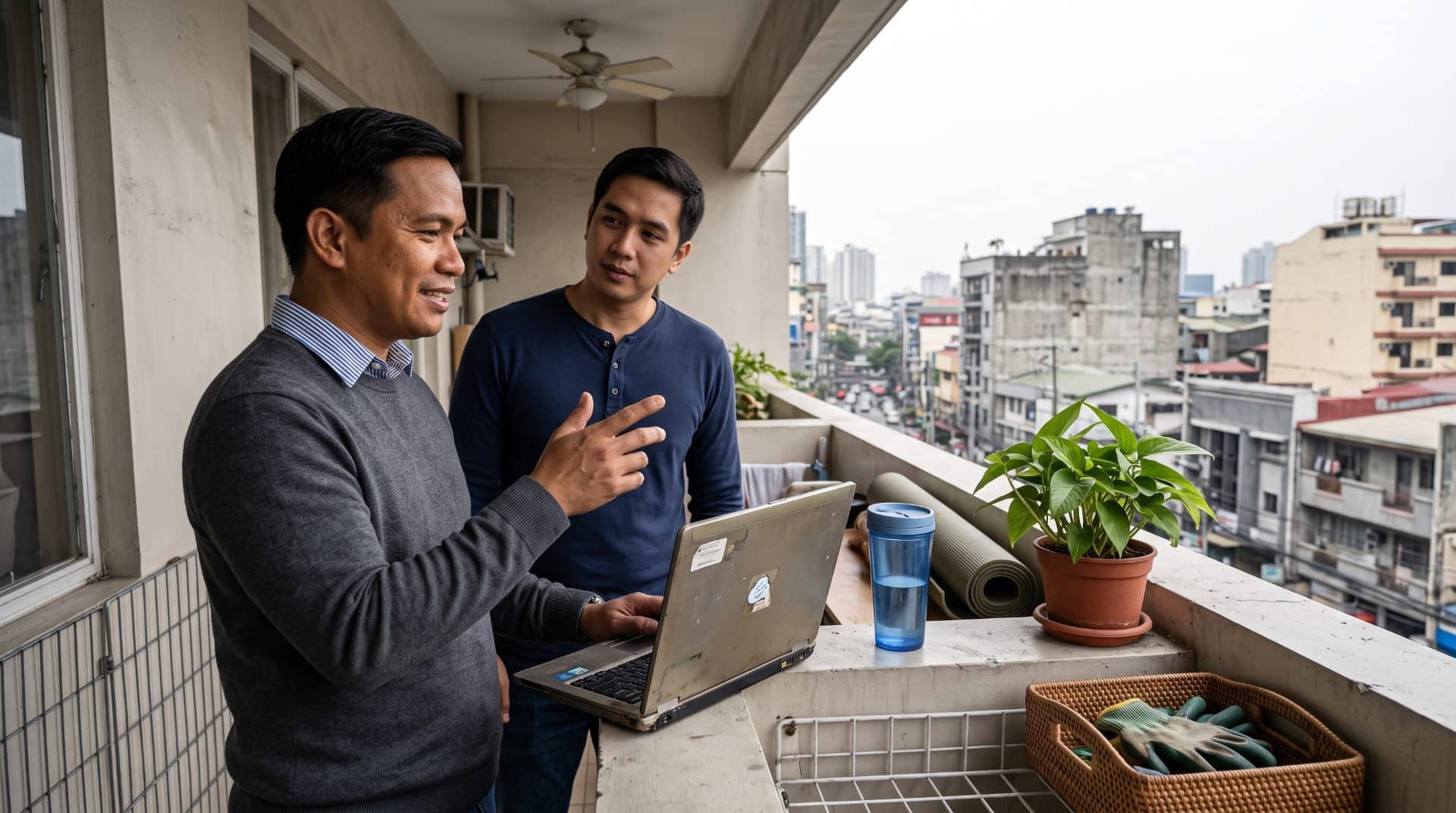 Two men review documents on a laptop at a condo balcony overlooking a street.