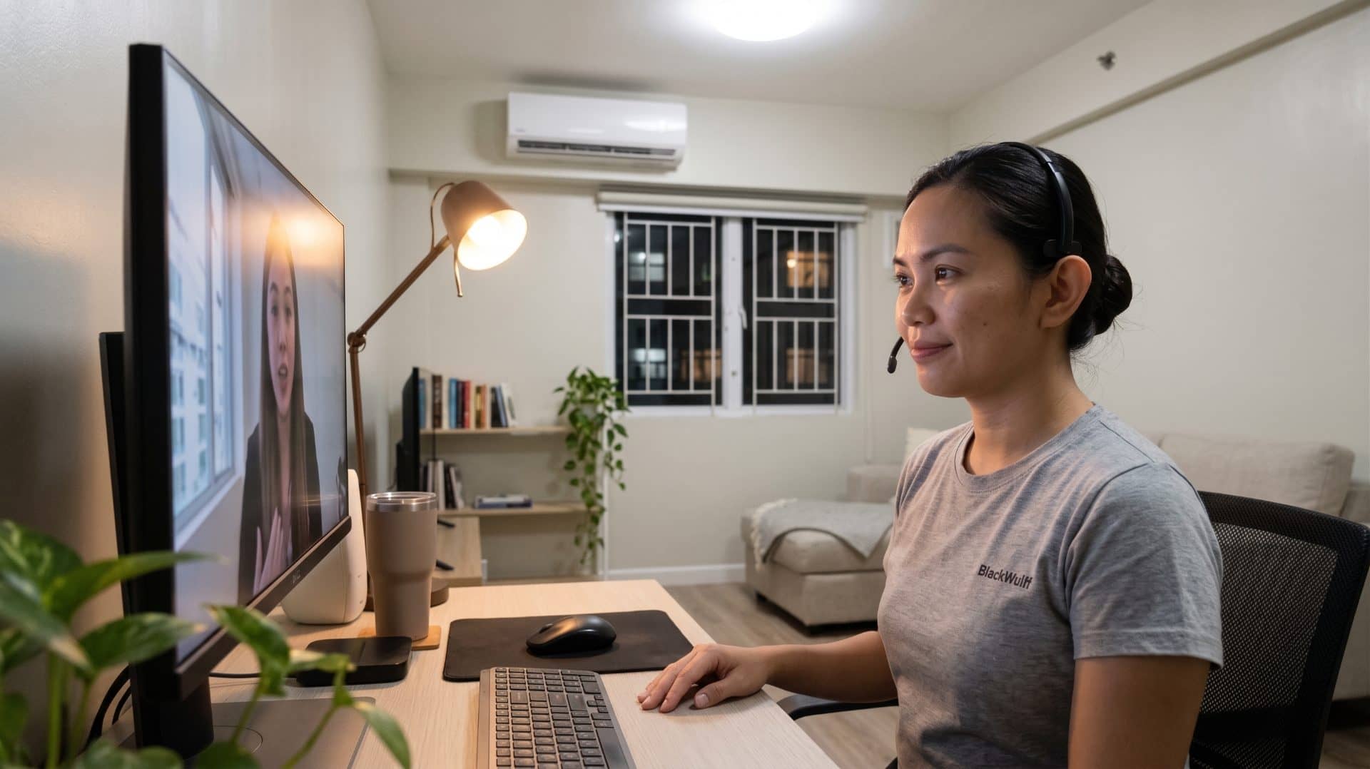 A Filipina offshore legal assistant in a headset listens during an onboarding video call at her home desk at night.