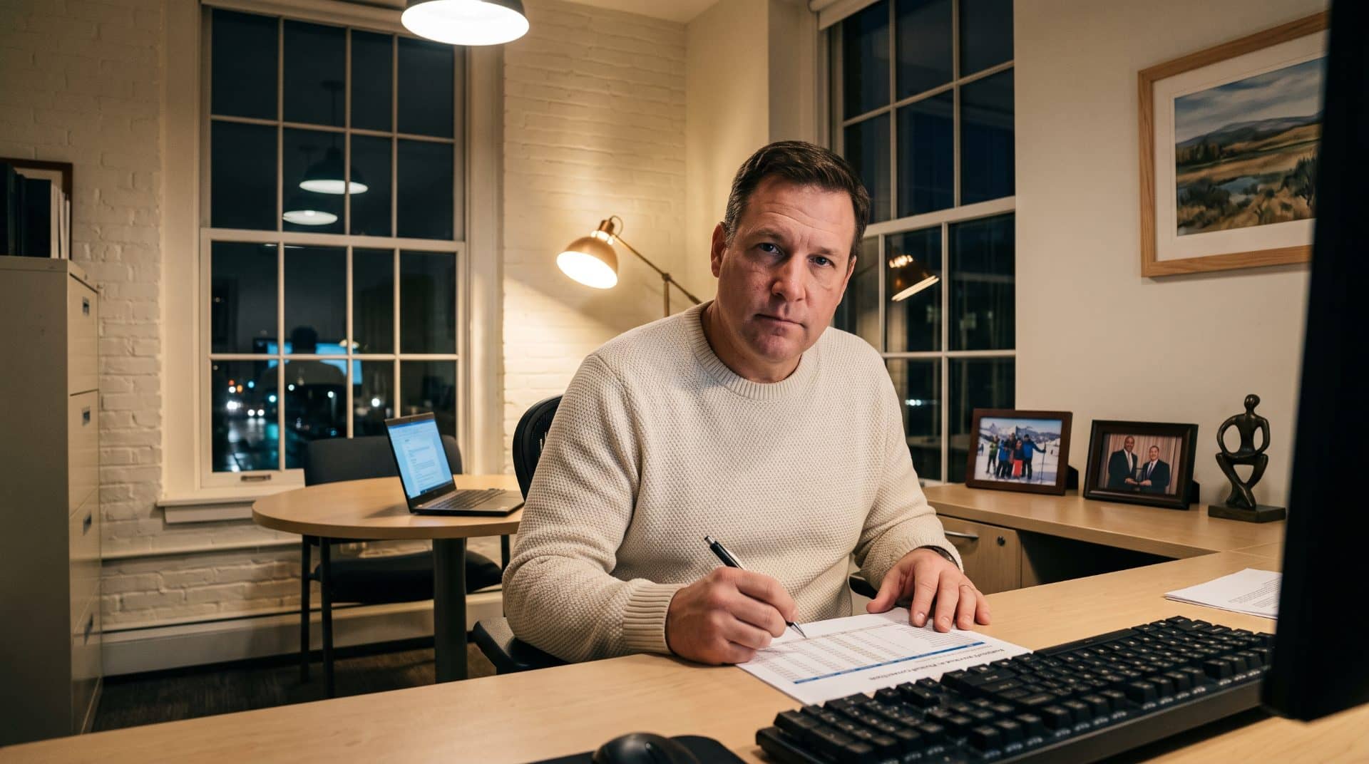 An American man leaning slightly forward in a mid-sized Boston law firm.