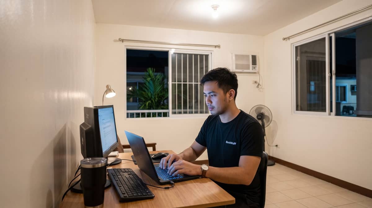 A Filipino legal or marketing professional works at night at a home desk in Manila.