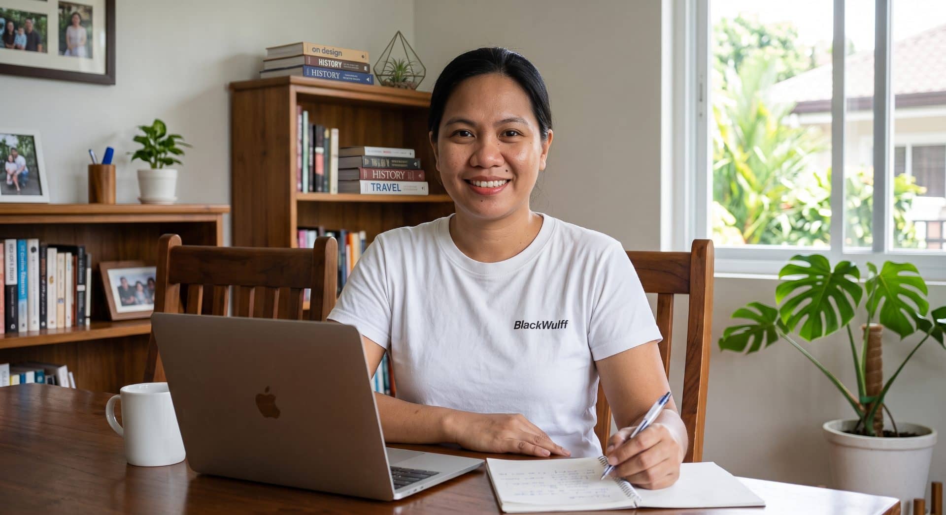 A Filipina paralegal working on a laptop at her dining table at home, looking at the camera while taking handwritten notes.
