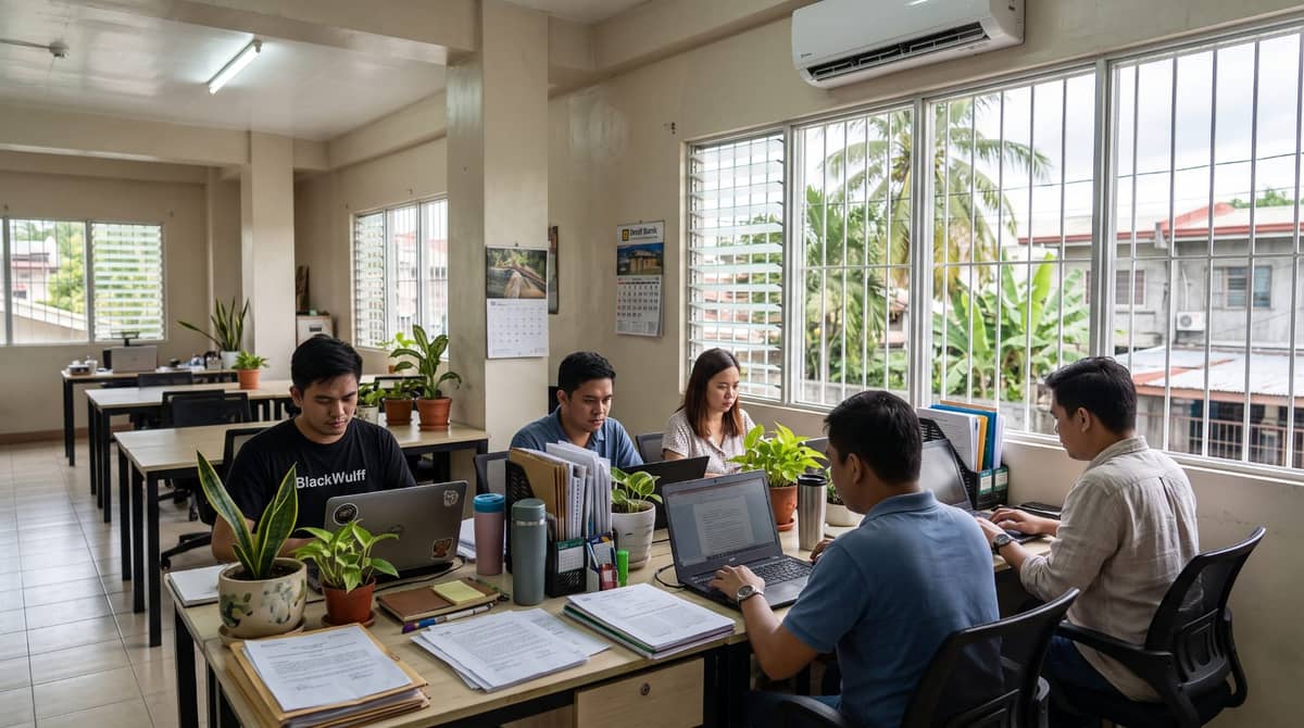 Offshore paralegals at individual desks in a co-working office, one gesturing while speaking, plants around the workspace.