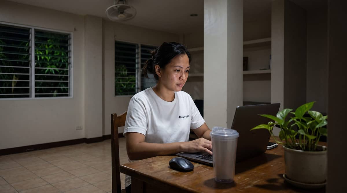 A Filipino legal professional sits at a dedicated desk in her Manila home late at night.