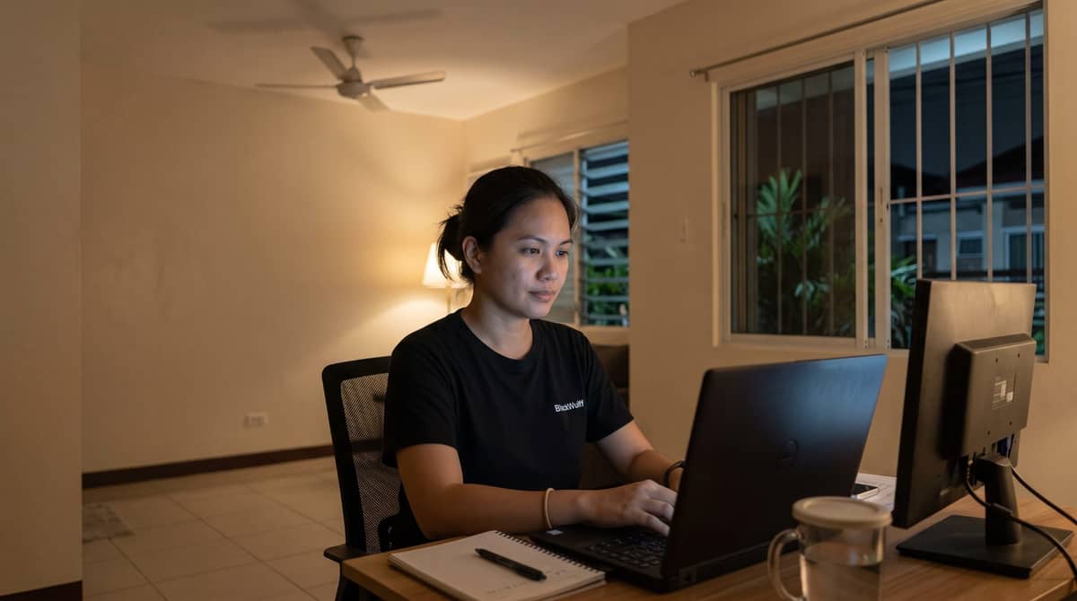 A Filipino legal assistant works late into the Manila evening at a dedicated home desk.