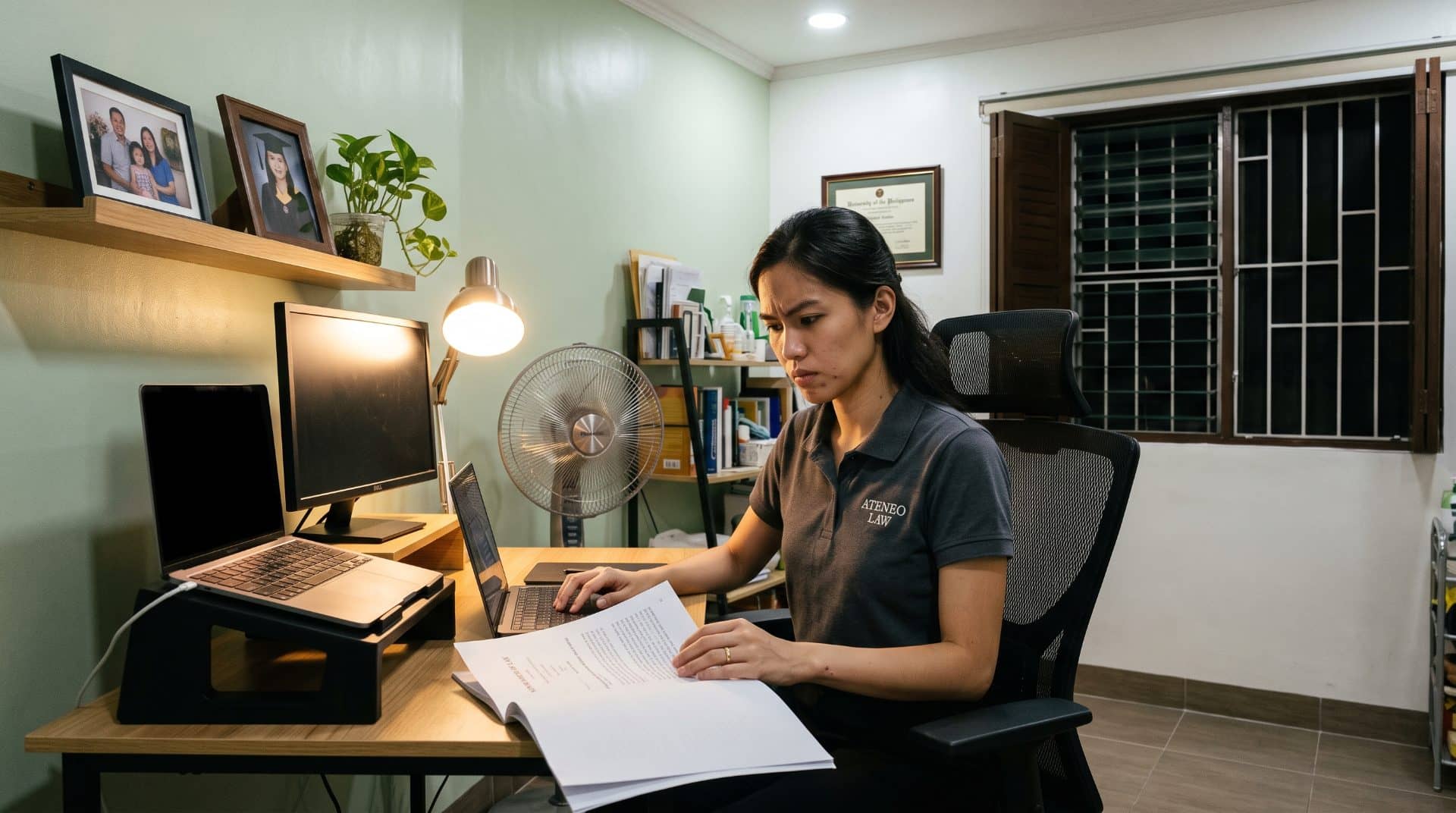 A Filipina woman upright in a chair in a modest home office in Quezon City.