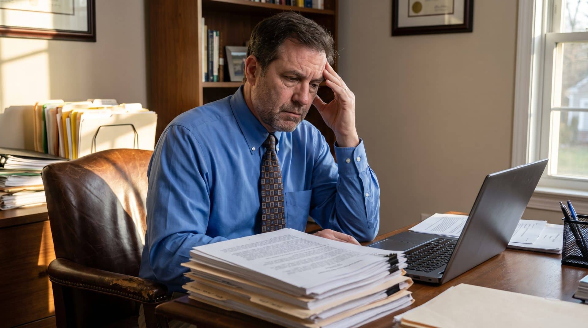 An American lawyer at his desk with one hand at his temple, a thick stack of documents in front of him.