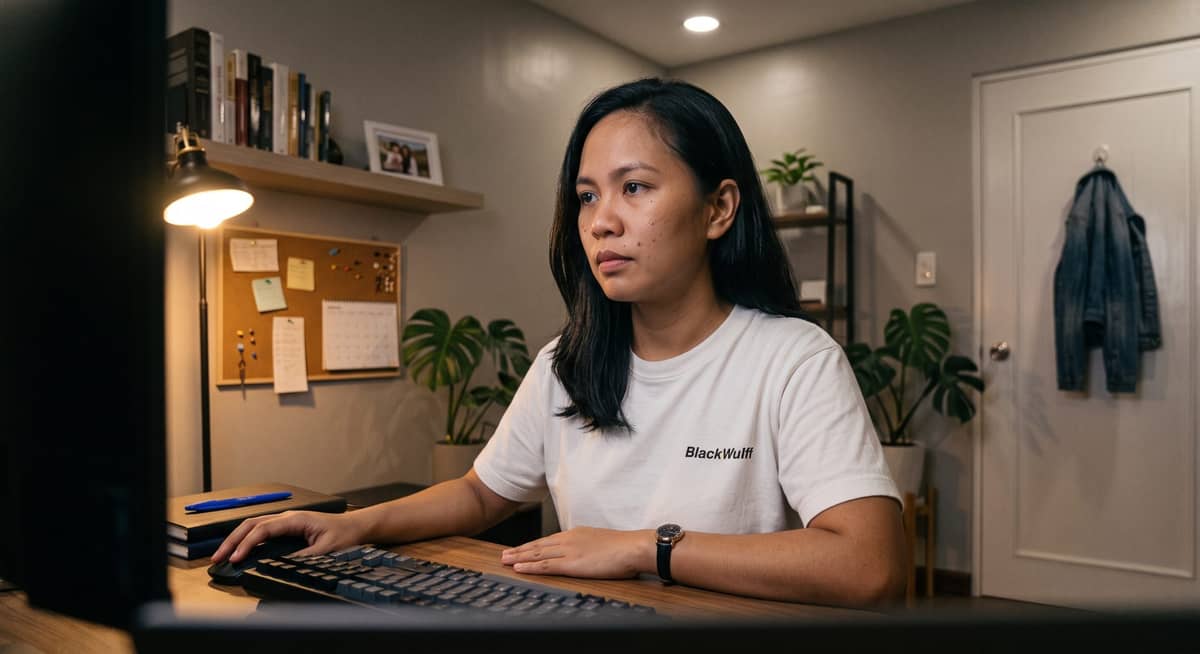 A legal researcher at a home office desk reading a written research assignment before opening a database.