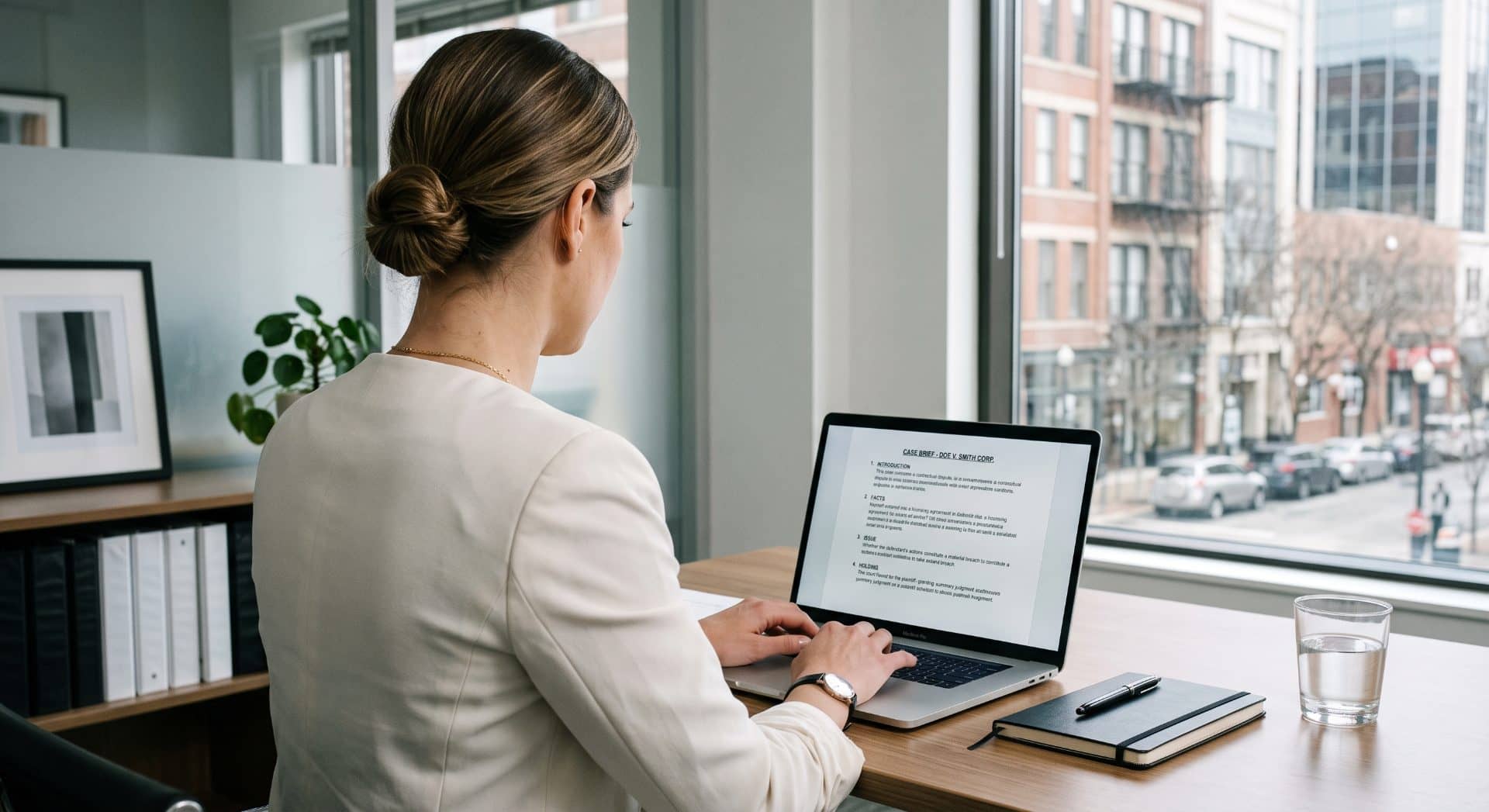 An attorney at a laptop writing a structured legal research assignment with four numbered sections.