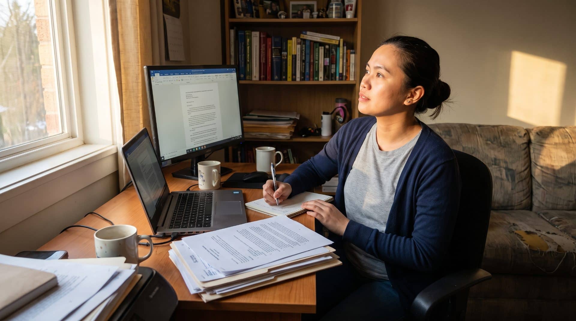 A Filipino legal assistant at a home office desk, writing in a notebook beside a laptop and a second monitor, with a stack of documents and folders in front of her and daylight from a window.