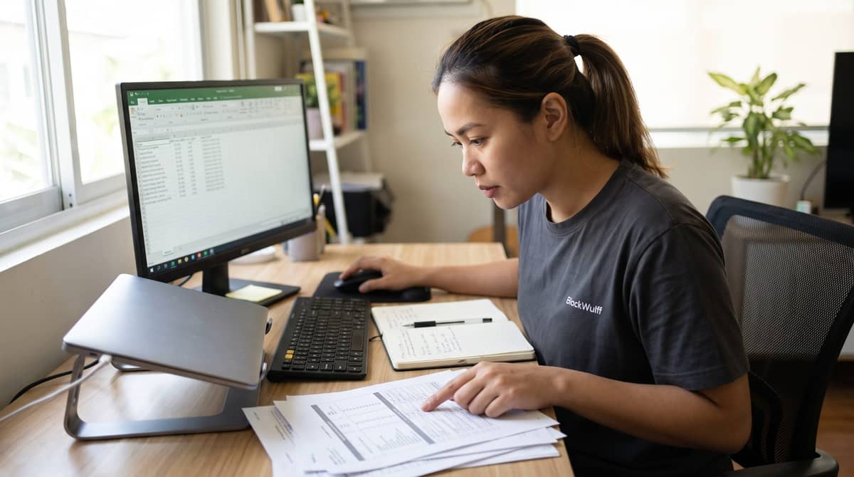 A Filipino legal assistant at a home office desk.