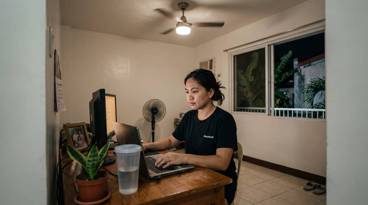 A Filipino legal professional sits at a dedicated home desk in the Philippines at night.