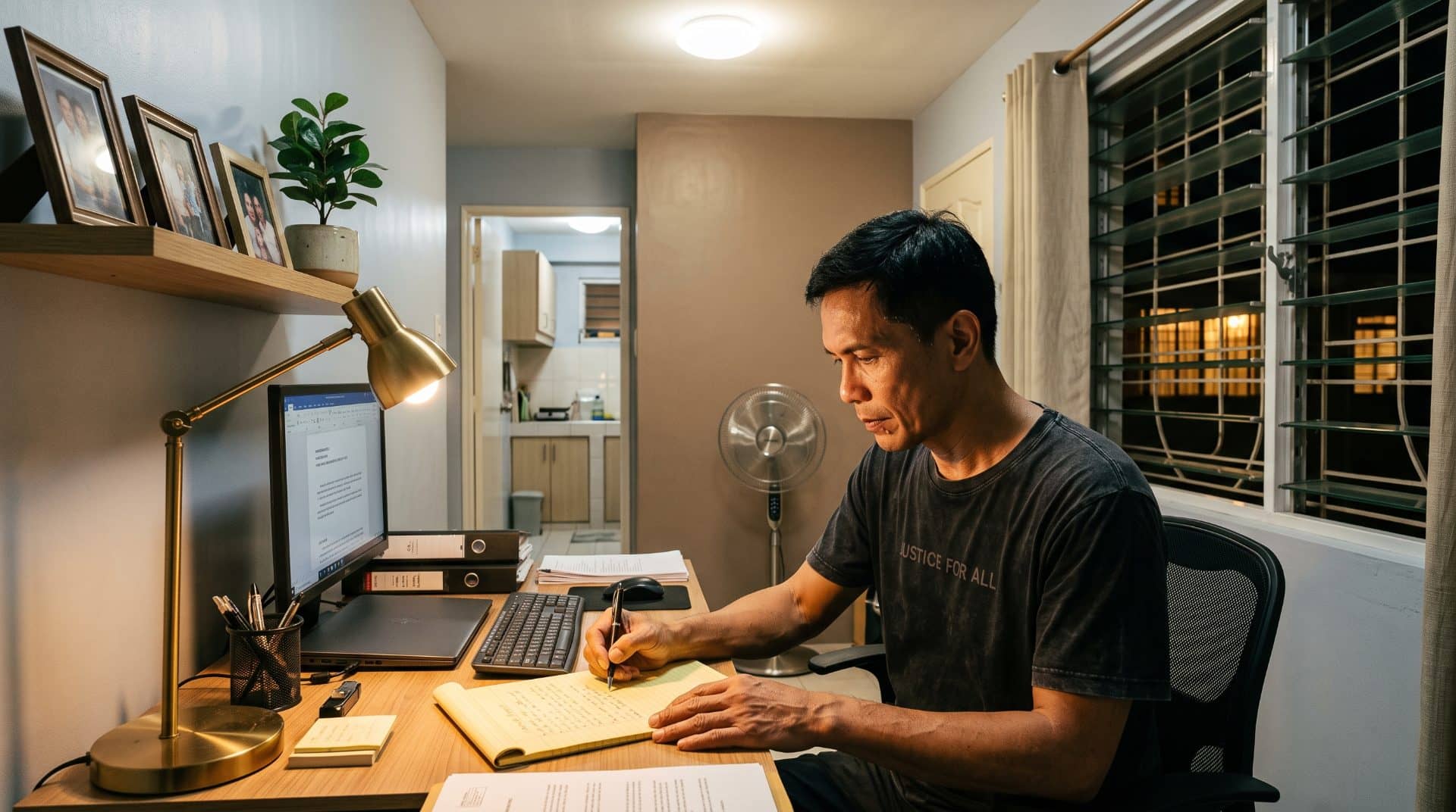 A Filipino man leaning slightly forward in a modest ground-floor converted workspace in the Philippines.