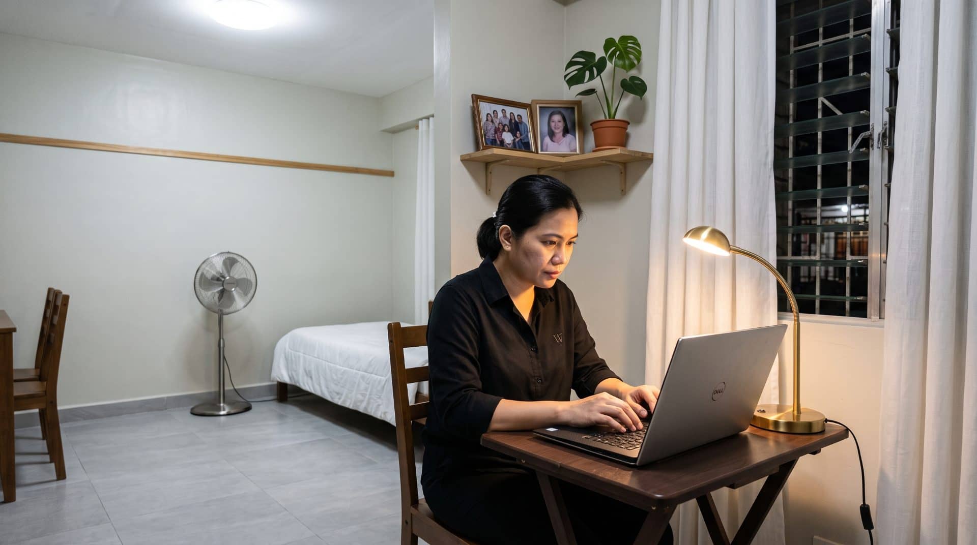 A Filipina woman leaning forward in a generous living room in Manila.
