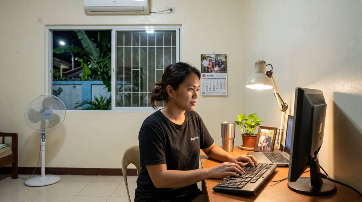 A Filipino remote professional sits at a dedicated desk in her home office at night.