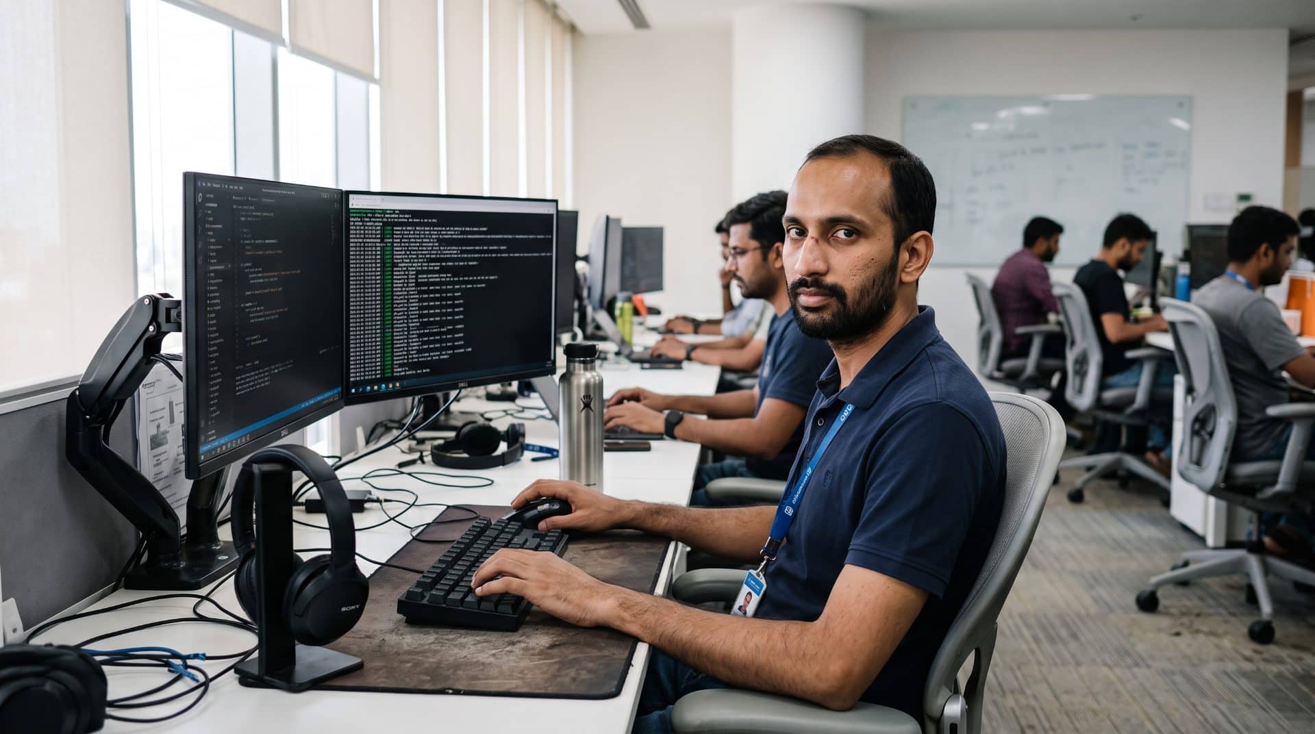 An IT professional at a multi-monitor workstation on a busy technology capability centre floor.