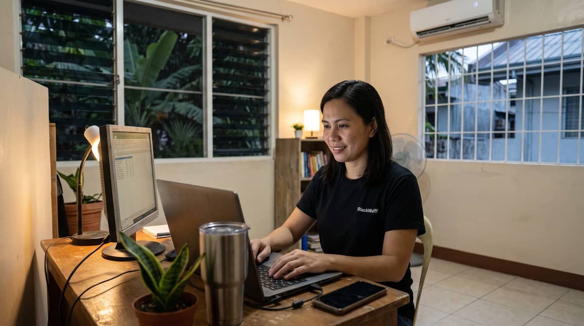 A Filipino woman in her late thirties sits at a dedicated desk in her home office at night.