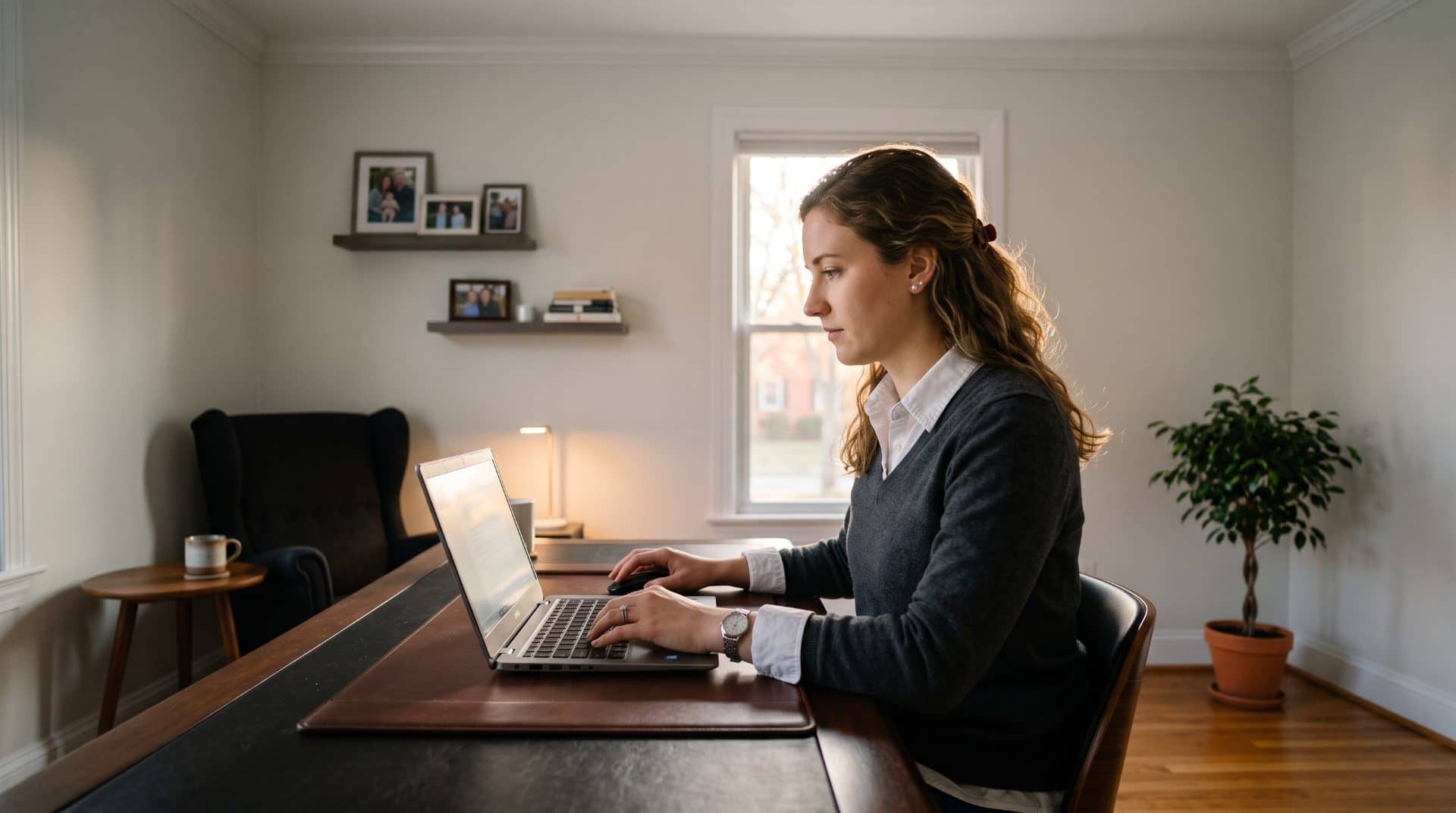 An American woman leaning slightly forward in a home office in a US house.