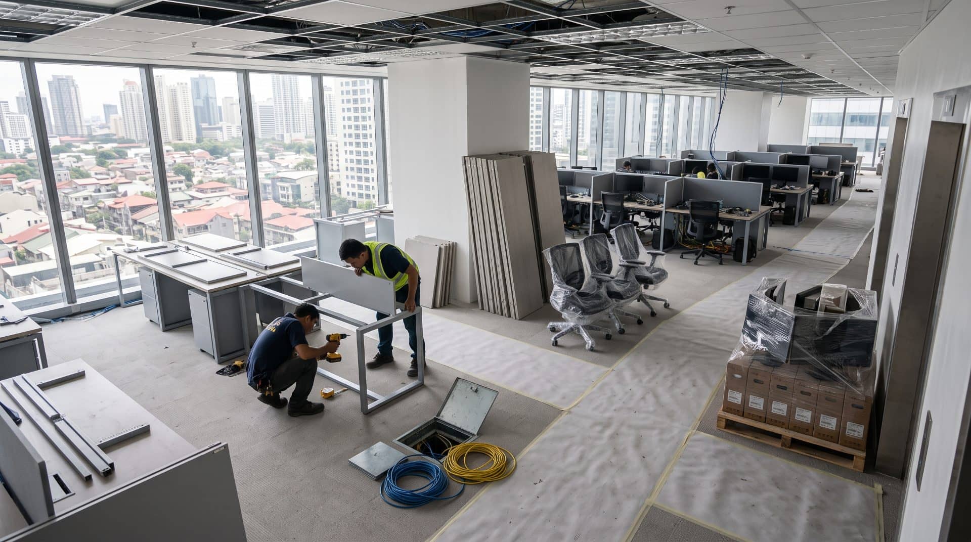 Workers fitting out an office floor in a Manila high-rise, half the workstations installed and the rest still boxed.