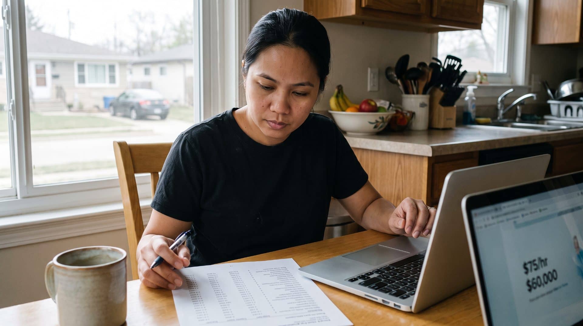 A Filipino paralegal at a home desk reviewing a printed sponsorship fee invoice next to a laptop.