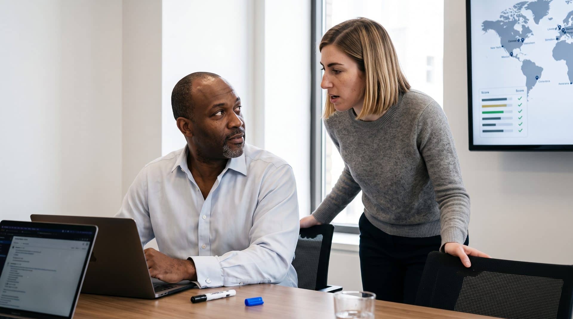 Two colleagues in a meeting room discussing an offshore location scorecard of ticked criteria on a wall screen.