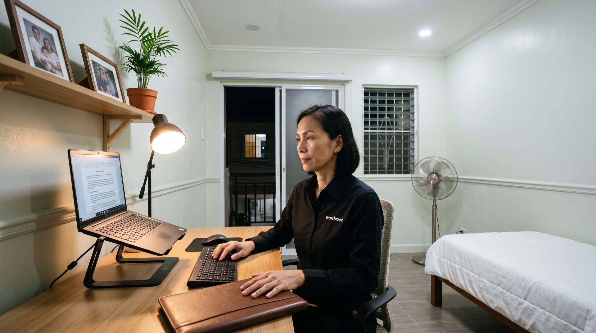 A Filipina woman upright in her chair in a modest home office in Valenzuela.