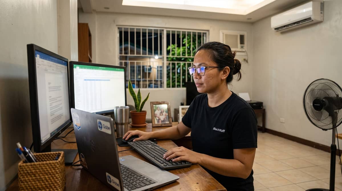 A Filipino professional working at a dedicated desk in her Manila home at night.