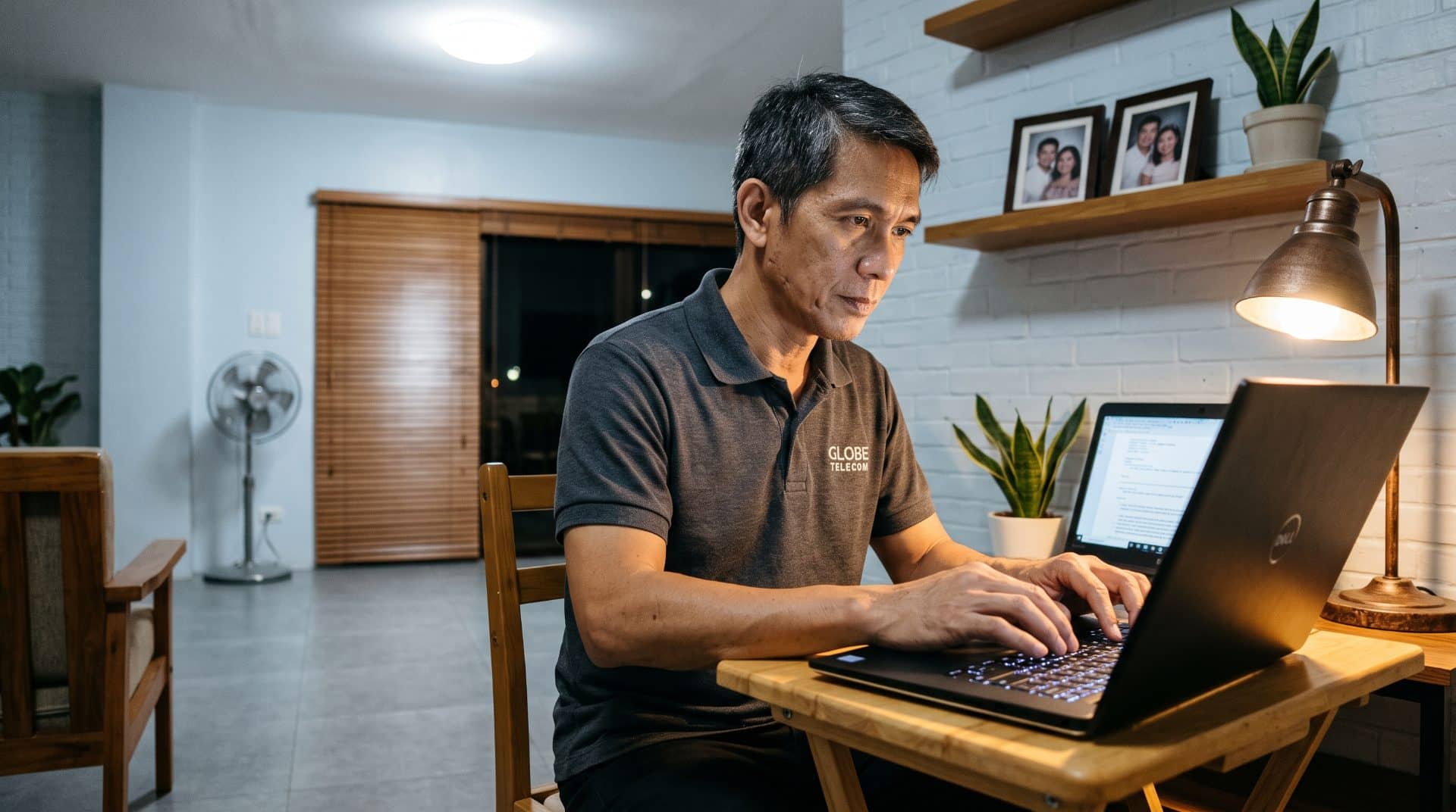 A Filipino man leaning slightly forward in a generous living room in Manila converted to workspace.