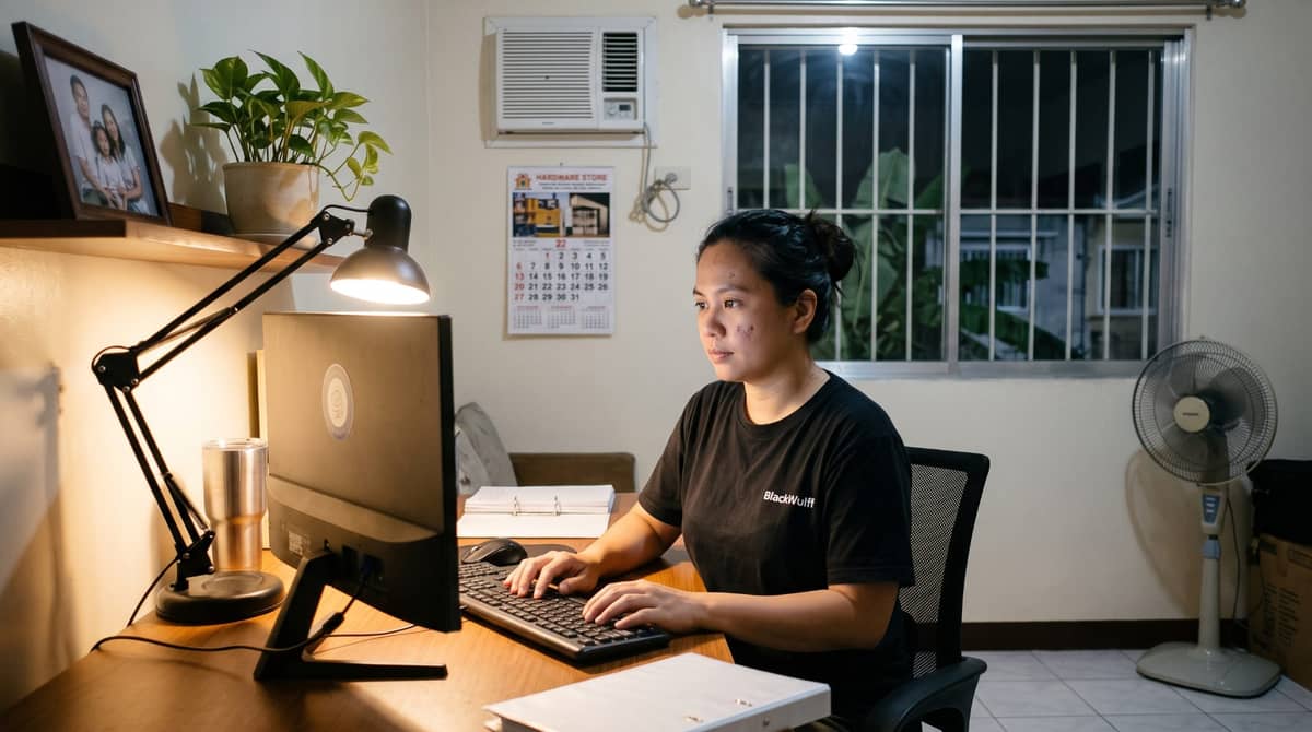 A Filipino remote legal professional sits at a dedicated home desk late at night.