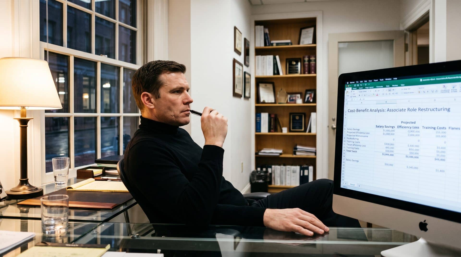An American man leaning back slightly in a chair in a private office at a mid-sized Boston law firm.