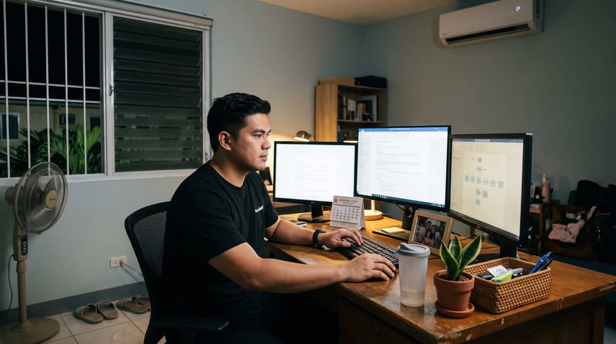 A Filipino professional sits at a dedicated desk in a home office at night.