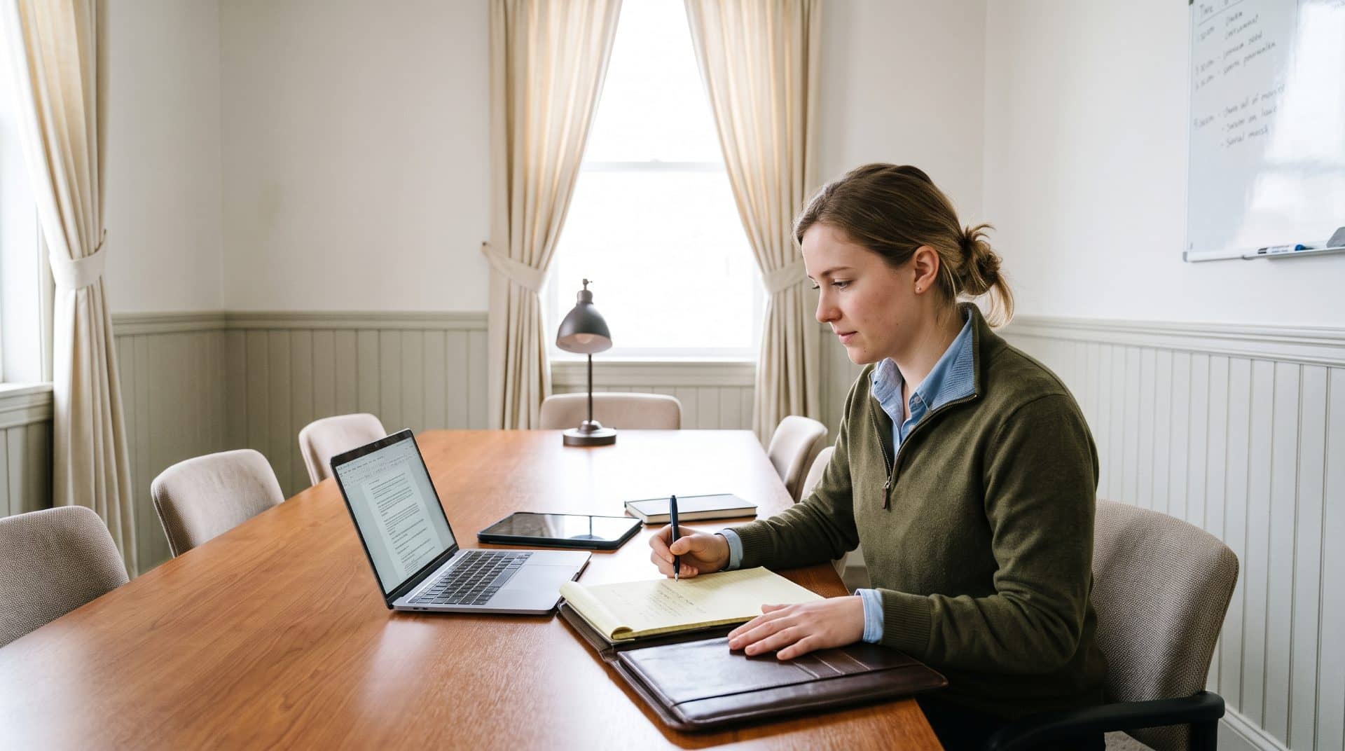 An American woman leaning slightly forward in a mid-sized law firm office in Denver.