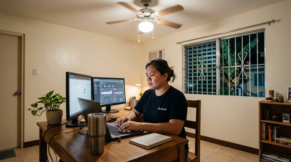 A Filipino marketing professional sits at a dedicated desk in her Manila home at night.