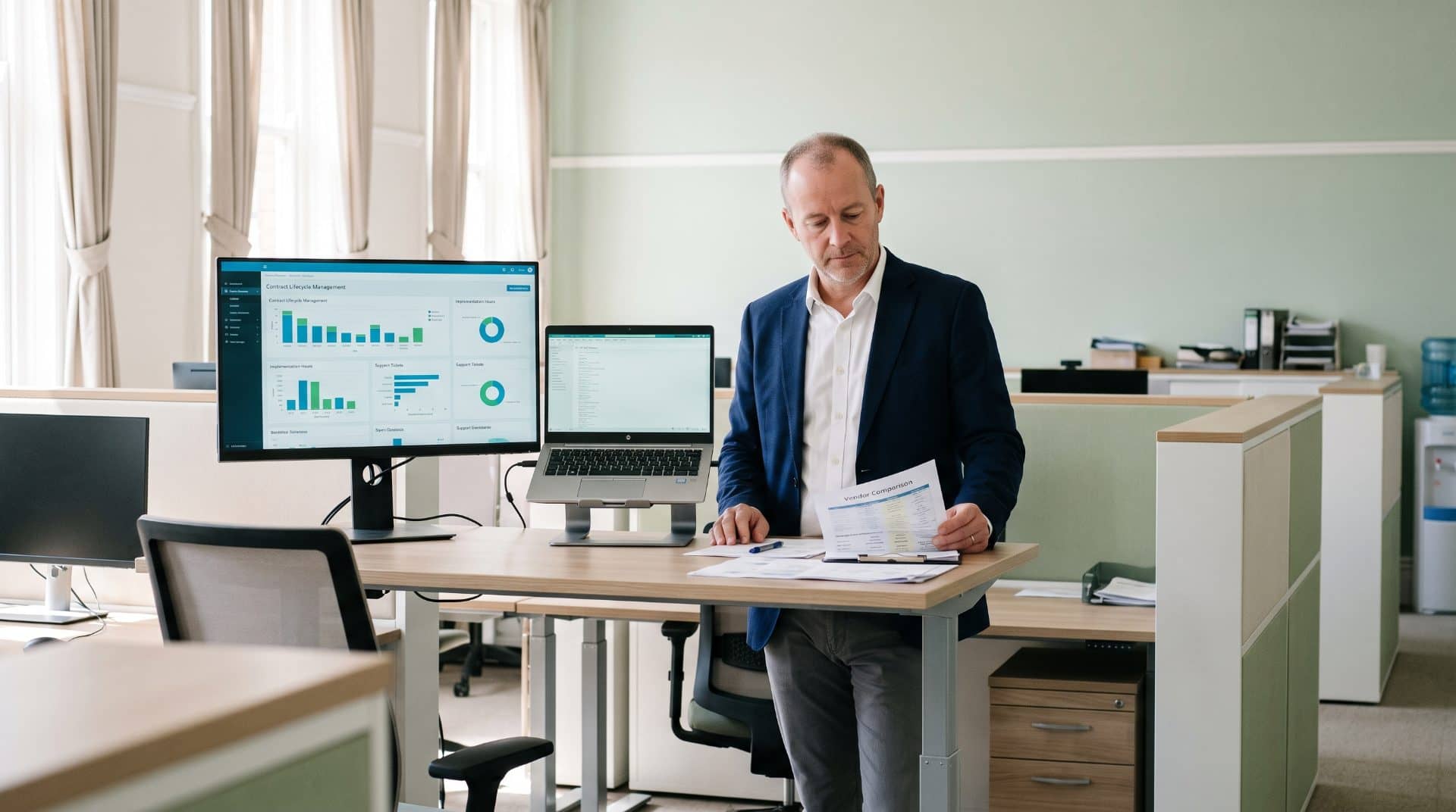 An American man in an upright stance in a mid-sized US law firm.