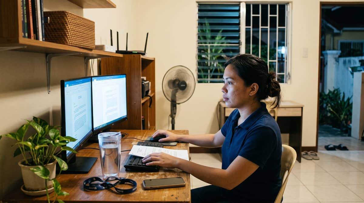 A Filipino legal professional sits at a dedicated desk in her home office at night.