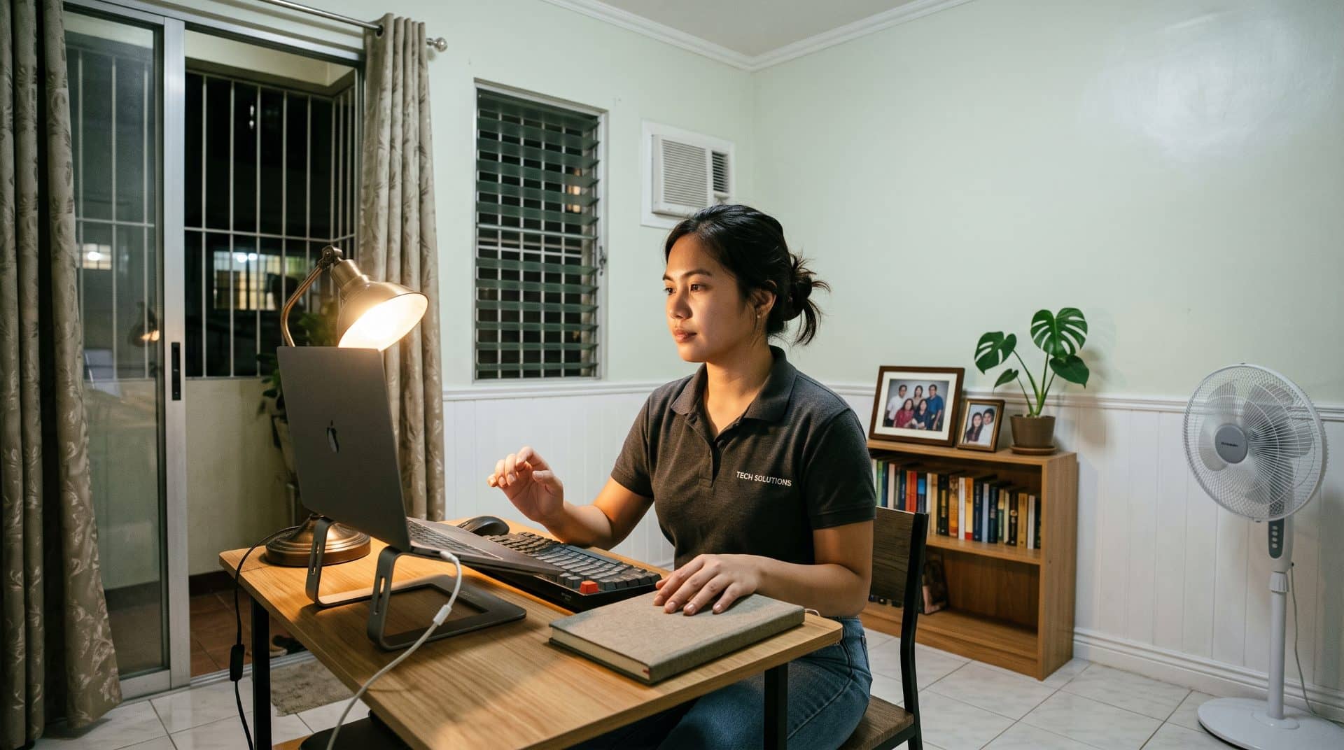A Filipina woman leaning slightly back in a chair in a modest bedroom corner in Manila.