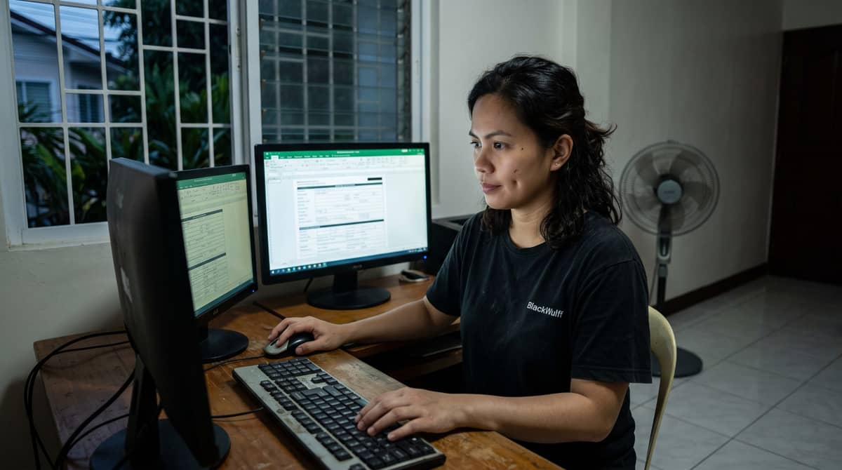A Filipino professional working at a home desk late at night.