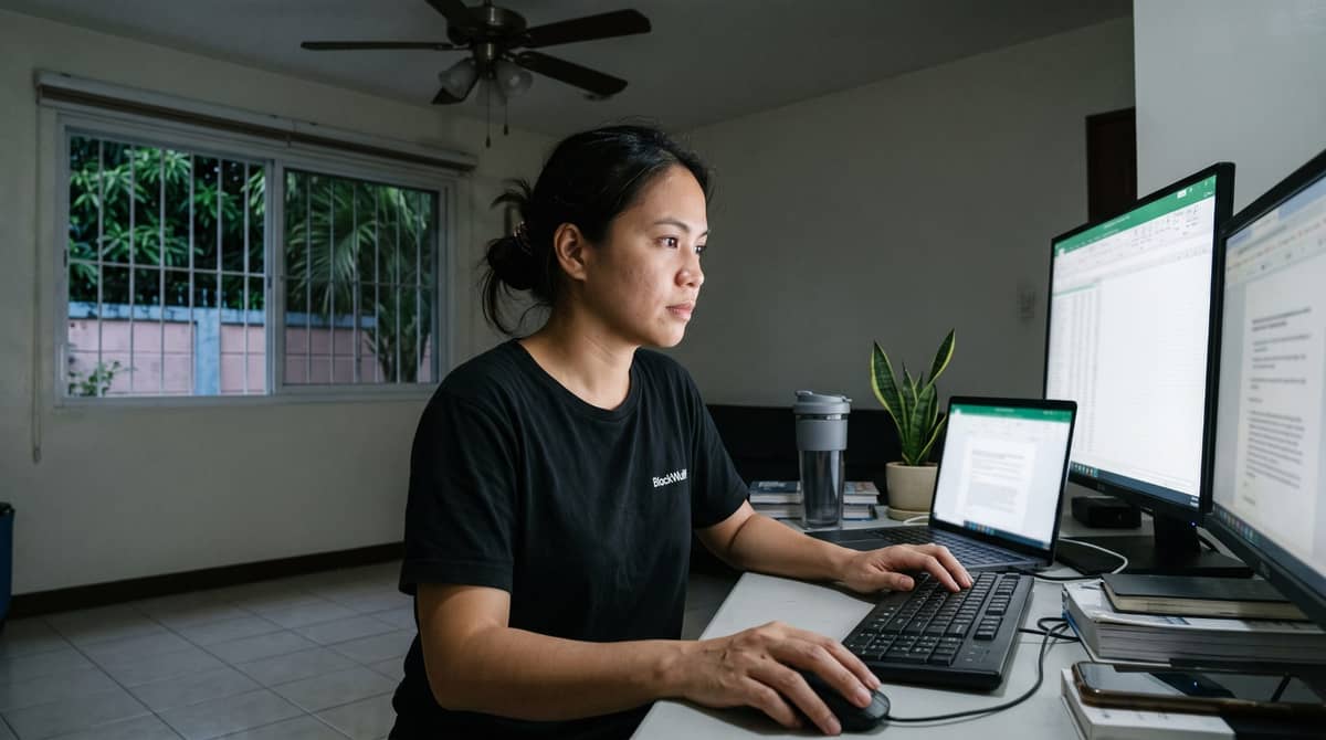 A Filipino research professional works late at night at a home desk in Manila.