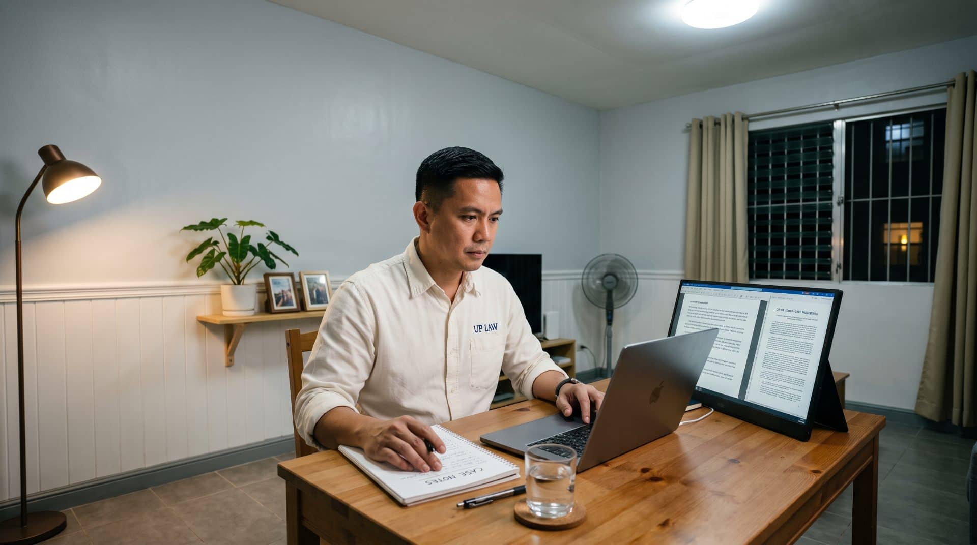 A Filipino man upright in a chair in a modest dining table workspace in Quezon City.