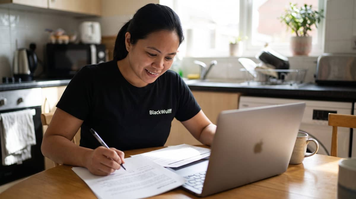 A Filipino professional in her early thirties at a kitchen table with a single laptop.