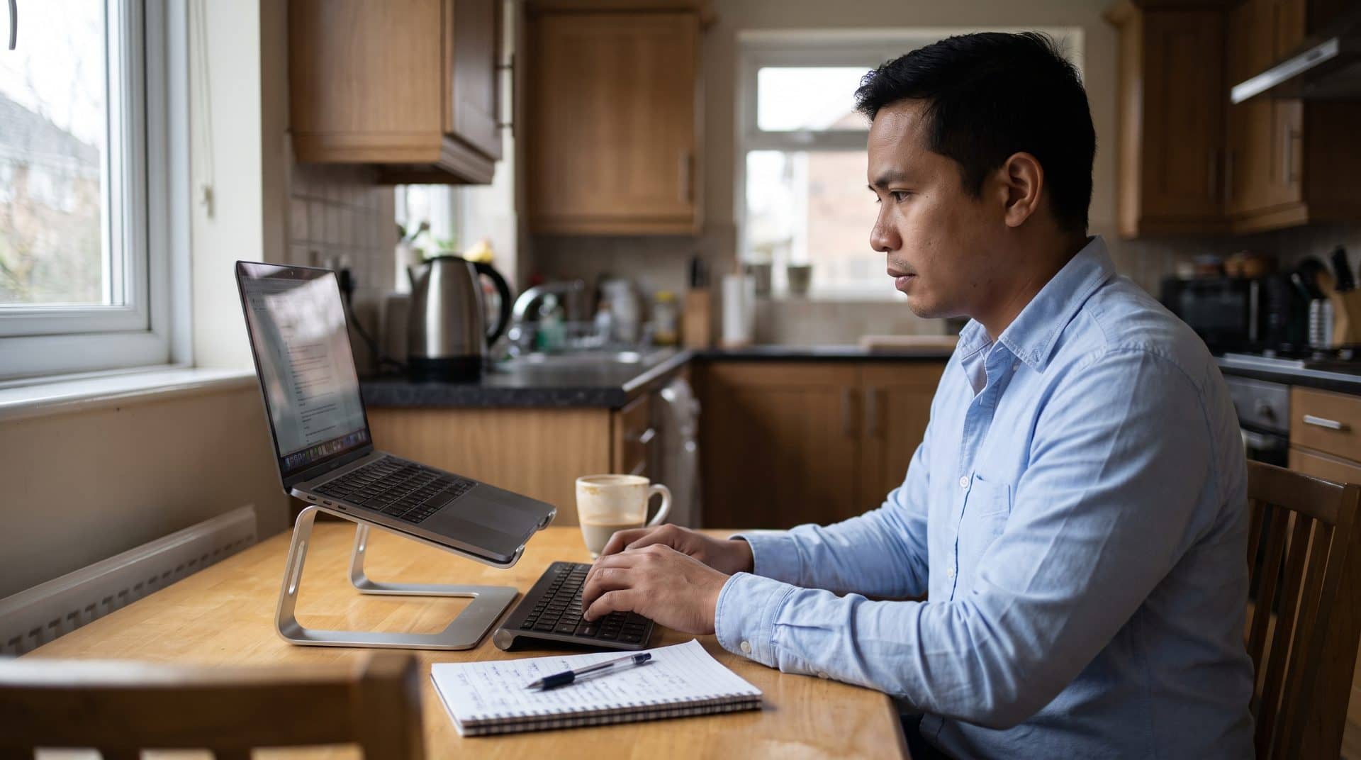 A remote Filipino legal virtual assistant typing with a notebook beside the keyboard.