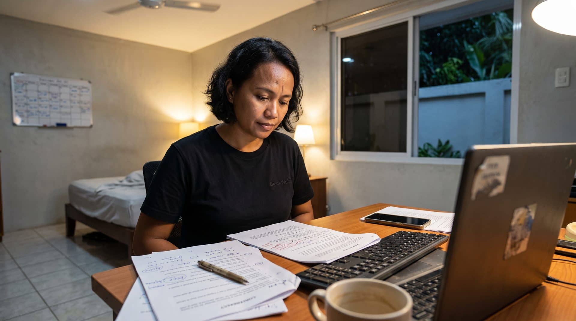 A desk with a contract marked up in handwriting, a laptop, and a cold coffee cup in evening light.
