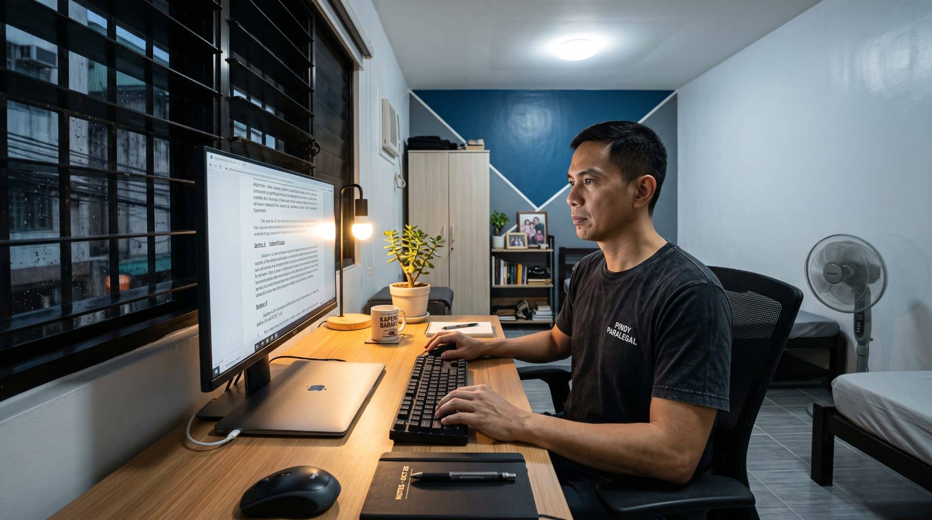 A Filipino man leaning slightly forward in a modest bedroom converted to workspace in Manila.