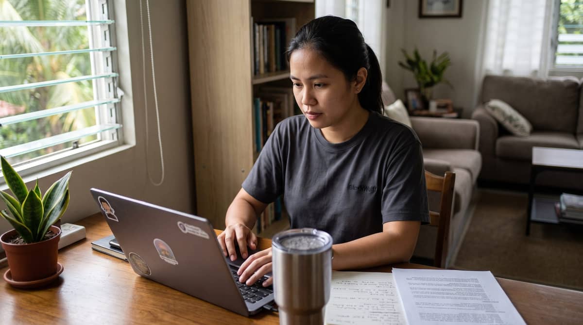 A Filipino paralegal working from home on her laptop at a daylit desk.